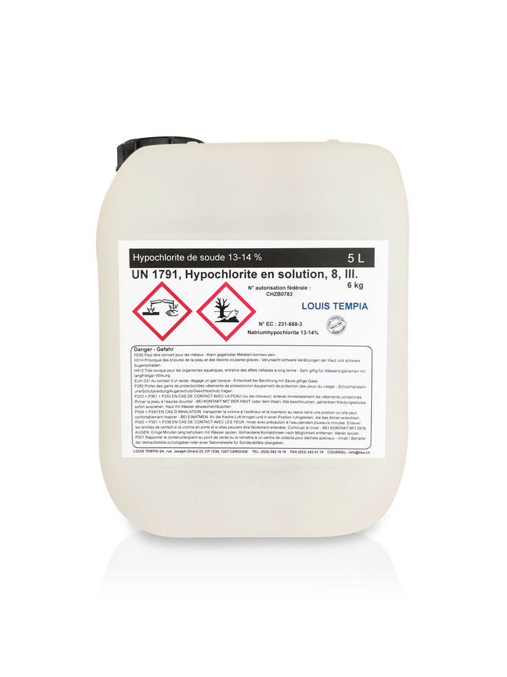 Hypochlorite de soude à 13-14% en bidon de 5L, Louis Tempia SA